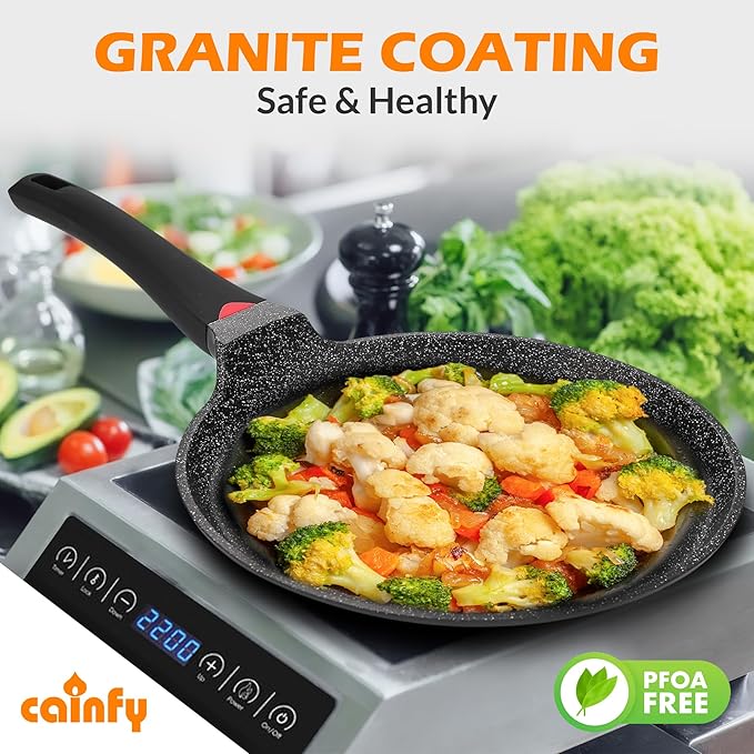 CAINFY Non Stick 11 Inch Granite Coated Crepe Pan - Lightweight 4.27 Quart Dosa Pan with Comfort Stay Cool Grip Handle - Induction Compatible PFOA Free Tortilla Cookware (Black)