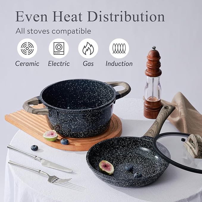Ceramic Cookware Set 22 Piece Nonstick Pots and Pans Set Non Stick Kitchen Cooking Sets 8"Frying Pans with Lid,Black Granite Non-Toxic Induction Kitchen Cookware w/Glass Lids PFOS/PFOA-Free
