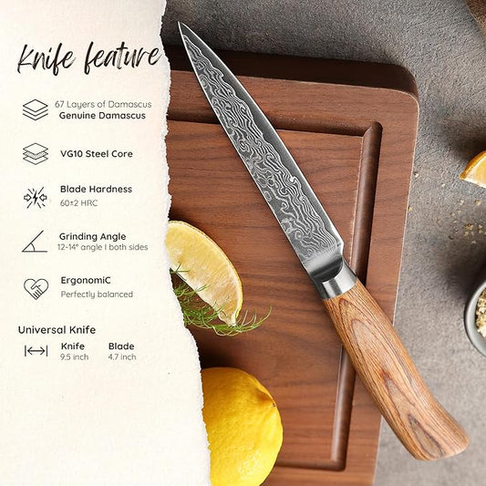 Wakoli EDIB Pro Damascus Universal Knife – Japanese Style Kitchen Knife | 4.7-Inch Genuine Damascus Steel Blade with VG10 Core | Ergonomic Pakkawood Handle | Professional Cooking Tool