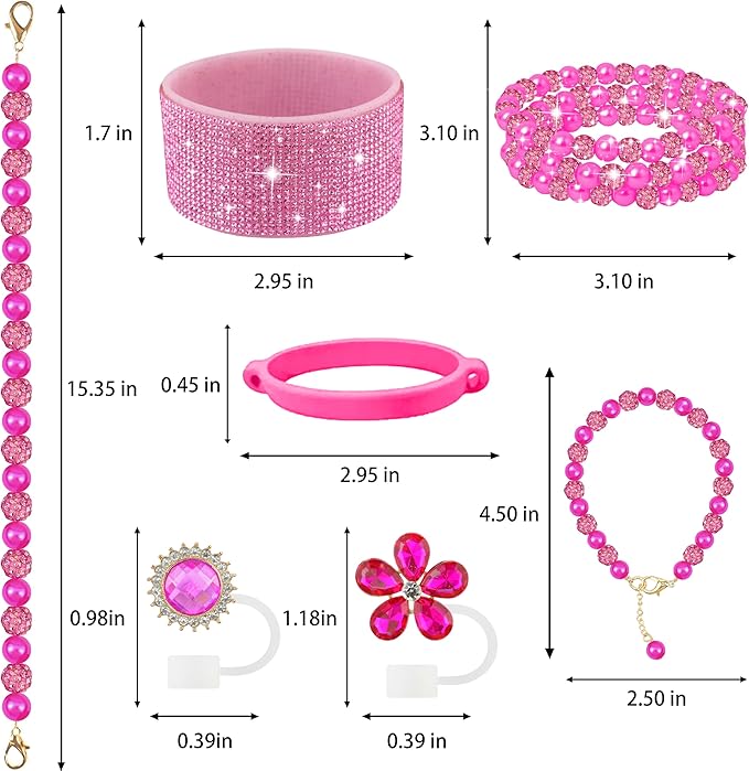 9PCS Hot Pink of Stanley Cup Accessories Set 30/40 OZ Bling Pearl Rhinestones Charms for Stanley Decorations Tumbler Accessories Including Flower Straw Topper, Rhinestones Boot 30/40 OZ