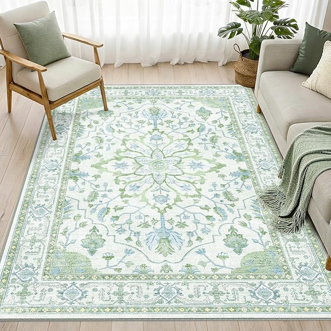 Area Rugs 5'x7' Washable Non-Slip, Floral Vintage Distress Print Pattern Medallion Carpet for Living Room Bedroom Dining Room, Green White Blue