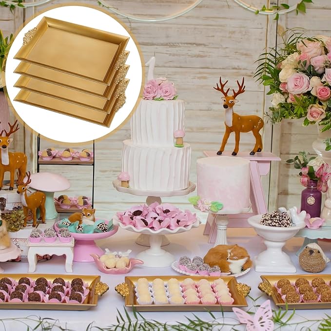 4 Pcs Gold Tray 14" x 10" Rectangle Decorative Plastic Serving Trays with Embossed Rims for Party Anniversary Wedding Bridal Shower, Baby Shower, Birthday, Cake Dessert Display