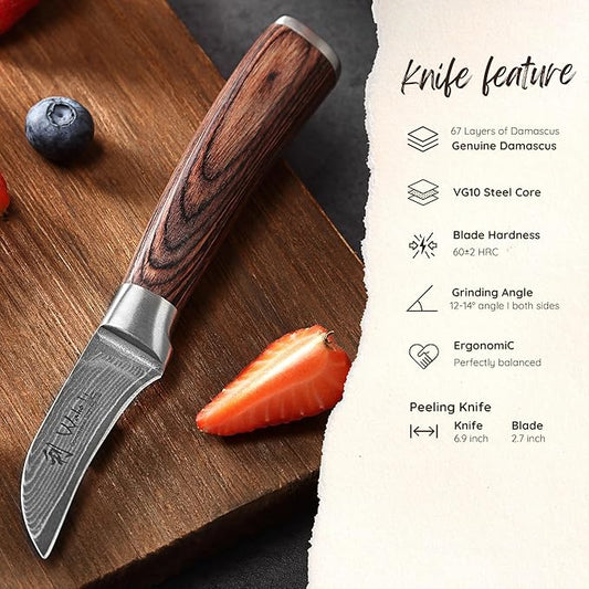 Wakoli EDIB Damascus Peeling Knife – 2.7-Inch Small Kitchen Knife for Fruits & Vegetables, Professional Kitchen Peeling Tool made of 67-Layer Damascus Steel Blade & Pakkawood Handle in Gift Box