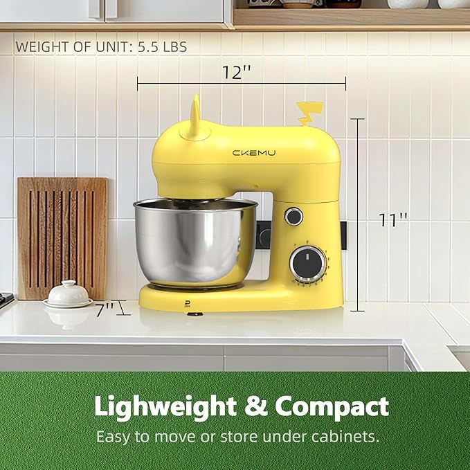 CKEMU Stand Mixer, Compact & Space-Saving, Stainless Steel Bowl, Unique & Playful Design, Effcient Motor, Dishwasher-Safe Attachments, SM-2549A (Yellow)