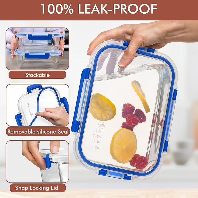 Razab 4 Pcs 1860ml / 63 Oz Large Glass Food Storage Containers with Lids - Glass Meal Prep Containers with Locking Lids for Roasting, Storing Leftover, Lunch Container, BPA Free, Microwave & Oven Safe