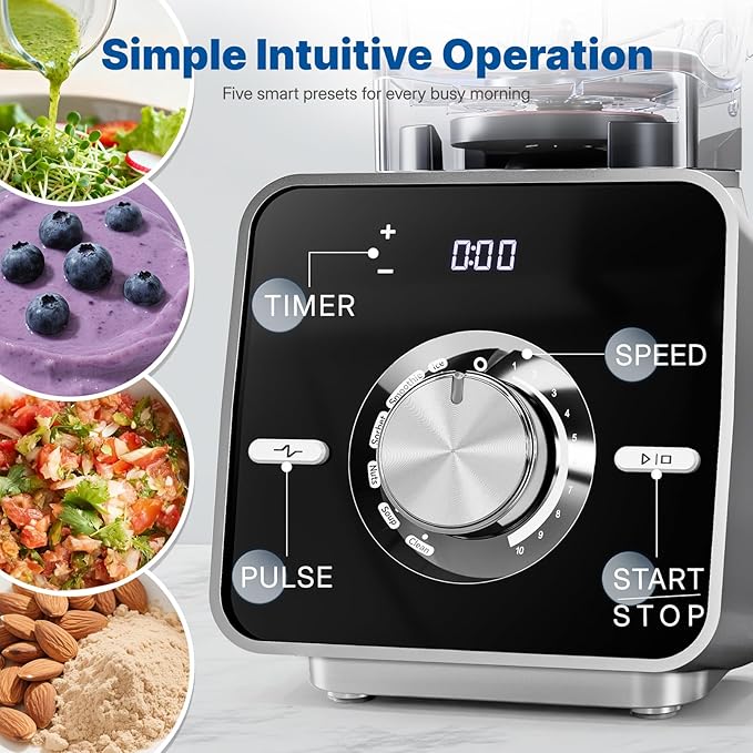 BlendTide Home Blender, 1400W High-Speed Blender for Ice Crushing Power, Stainless Steel Blades, Kitchen Timer, 10 Speeds, 6 Programs for Smoothies, Frozen Drinks, Self-Cleaning, 64oz Bulk Production