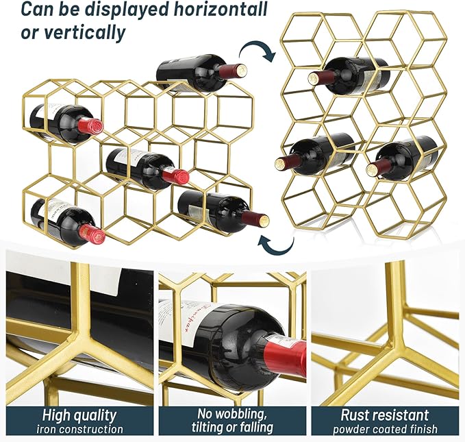 Countertop Wine Rack - 14 Bottle Freestanding Modern Gold Metal Small Wine Rack Two-Way designTabletop Wine Holder Stand for Cabinet, Pantry, Wine Bottle Storage - No Assembly Required