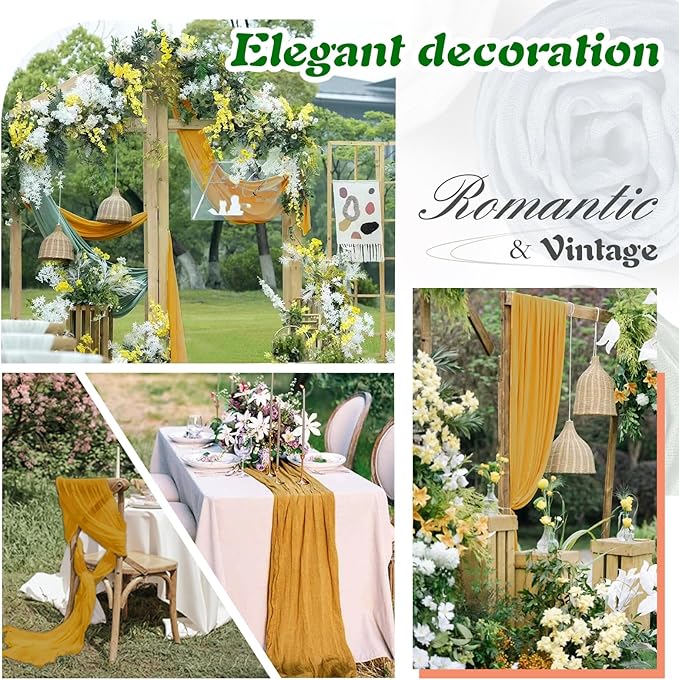 Mustard Yellow Cheesecloth Table Runner 6 Pack 35" Boho Gauze Runner 120 inches Long Table Runner Rustic Sheer Fabric Bulk for Baby Shower Wedding Bridal Birthday Party Table Decorations