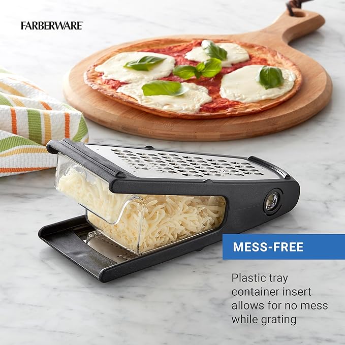 Farberware Professional Stainless Steel Grater with Container, Coarse and Fine Blades, Nonslip Base, Easy-Grip Handle, Dishwasher Safe