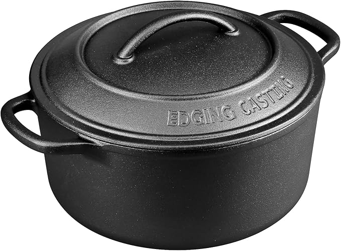 EDGING CASTING Pre-Seasoned Cast Iron Dutch Oven Pot with Lid Dual Handle, Sourdough Bread Baking Pots， Round 5 Quart, Black