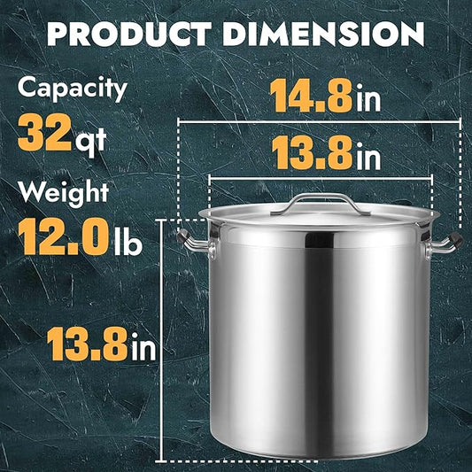 CURTA 32 Quart Large Stock Pot with Lid, NSF Listed, Induction Ready, 3-Ply Clad Base, 18/8 Stainless Steel Heavy Duty Cooking Pot, Commercial Cookware for Soup, Stew & Sauce, Riveted Silicone Handle