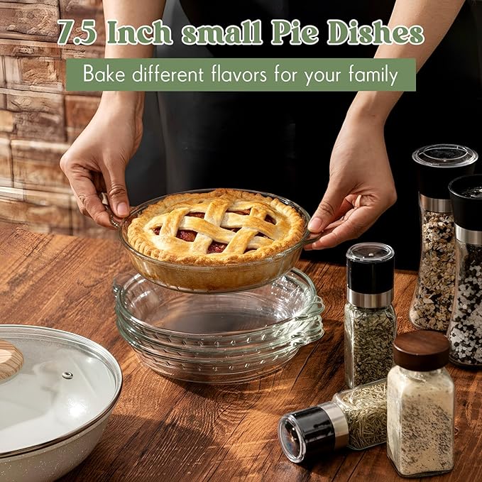 Uiifan 4 Packs 7.5 Inches Mini Glass Pie Pan for Baking Clear Pie Plate with Handles Round Glass Dish for Baking and Serving, Snacks, Salads, Desserts
