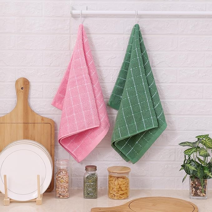 Mordimy 100% Cotton Terry Cloth Kitchen Towels, Super Soft and Absorbent Dish Towels for Drying, Checkered Designed Hand Towels for Kitchen, 16 x 26 Inches, 4 Pack, Pink