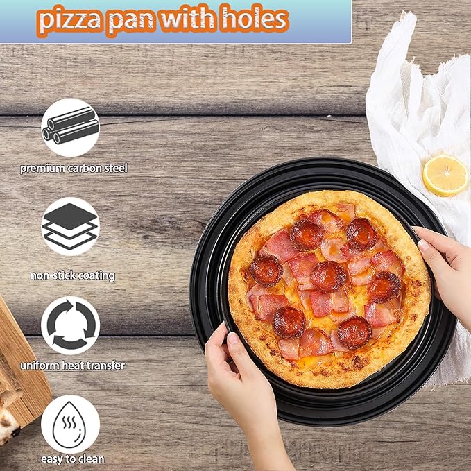 Sydentrey 2Pcs Carbon Steel Pizza Pan With Holes 9inch 12inch non stick pizza pan for Oven Round Perforated Pizza Tray Pizza Bakeware For Home Restaurant Baking (2pcs 12inch)