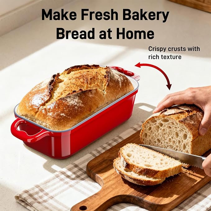 DYCYRQ Enameled Cast Iron Dutch Oven for Sourdough Bread Baking, 9 x 5Inch Oval Cast Iron Bread Pan with Lid, 2PCS Dutch Oven for Homemade Sourdough Baking, Meatloaf Pan, Oven Safe, Red