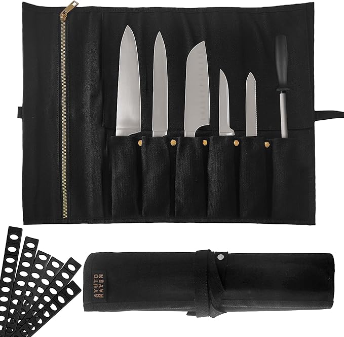 Chef Knife Roll Bag - Durable 6 Slot Black Waxed Canvas Knife Roll- Water Resistant Standard Knife Bag w/ Roll Tie, Large Zippered Pouch & 6 Plastic Knife Guards-Fits knives up to 2” wide & 15” long