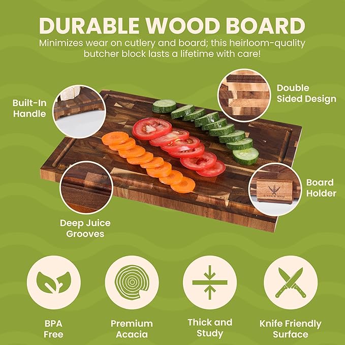 Kitchen Nook Acacia Wood Cutting Board Set - 3 Piece Acacia Cutting Board with Holder, Knife Friendly, Dual Sided, Built-in Handles, & Juice Grooves | 13, 15, & 17 Non Toxic Cutting Boards for Kitchen