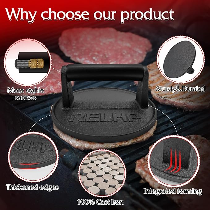 Burger Press 6.5" Round Smash Burger Press Heavy-Duty Cast Iron Smash Burger Press Burger Press with Black Wood Handle Blackstone Burger Press Burger Smasher Cookouts