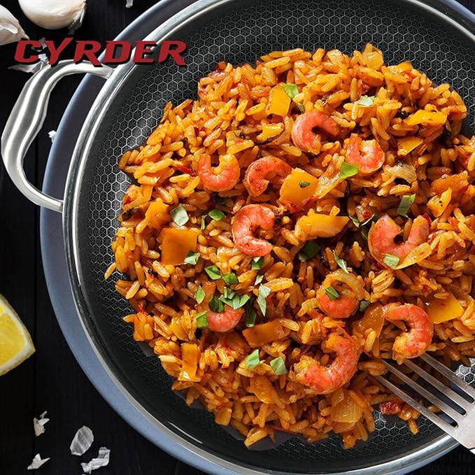 CYRDER 316L Stainless Steel Frying Pan-12inch Hybrid Nonstick Induction Pan with Lid, Two Handle Hold, PFOA Free, Dishwasher Oven Safe, Paella Pan for Stir fry/Toast/Roast/Bake/Stew, 6 Quart