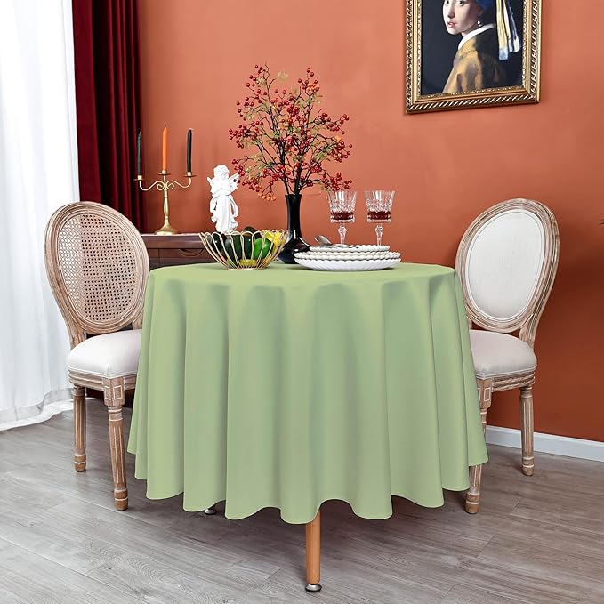 MEANMOY Sage Green 210 GSM Water & Stain Resistant Round Tablecloth for Circle Table - Solid 60 Inch Light Green Table Cloth Cover in Wrinkle Free Durable Washable Fabric for Wedding, Party, Banquet