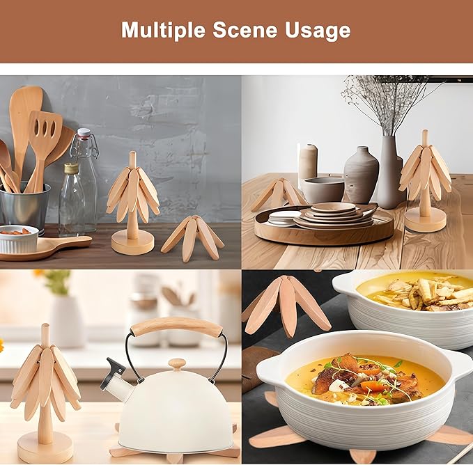 Foldable Kitchen Wooden Trivet Wooden Trivets for Hot Dishes, Tree Shape Trivet Set, 4 Walnut Wood 1 Stand stored Like a Christmas Tree,for Hot Pot Holder, Teapot, Bowl, Hot Dishes (Beech Wood)