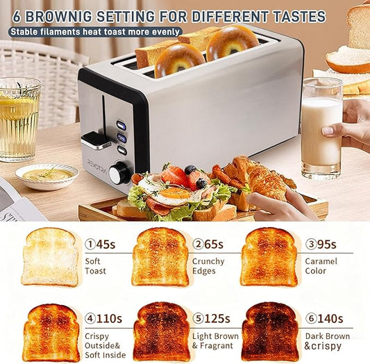 4 Slice Long Slot Stainless Steel Toaster with Extra Wide 1.5” Slots, 6 Shade Browning Settings, Defrost Reheat Cancel Functions, Even Toasting for Artisan & Sourdough Bread, Removable Crumb Tray