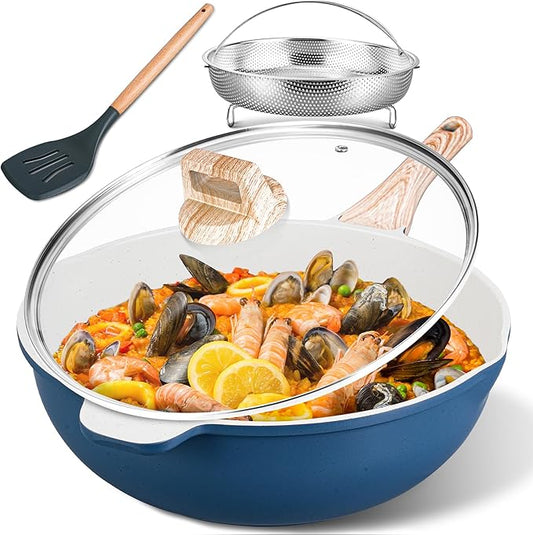 AOSION 11 Inch Nonstick Ceramic Deep Frying Pan Skille with Lid,5QT Sauté Pan for Cooking with Steam Rack,Healthy Large Skillet,Stay Cool Handle, Induction Compatible, PFOA & PFAS Free. (12IN-BLUE)