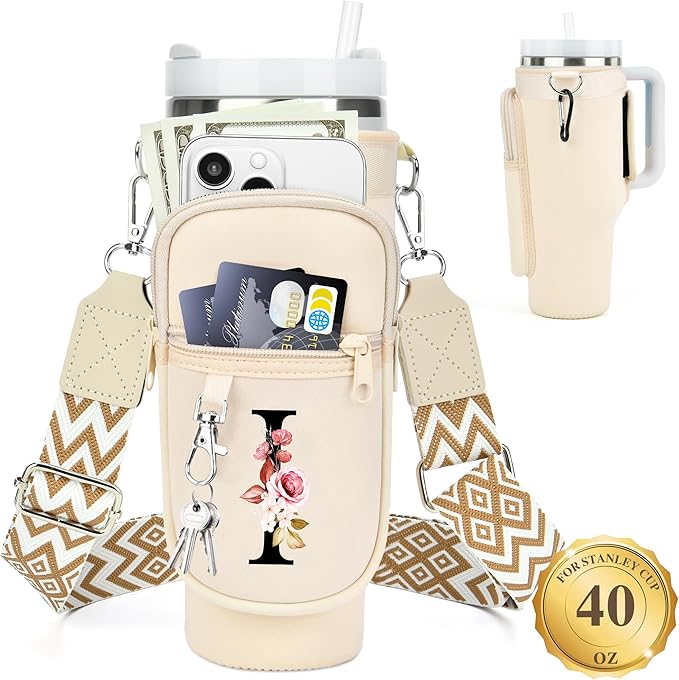 LOKASS Personalized Water Bottle Holder with Strap for Stanley Cup Accessories 40 oz Tumbler, Initial Water Bottle Carrier Bag/Phone Pocket, Mother's Day/Birthday Gifts for Women/Girls