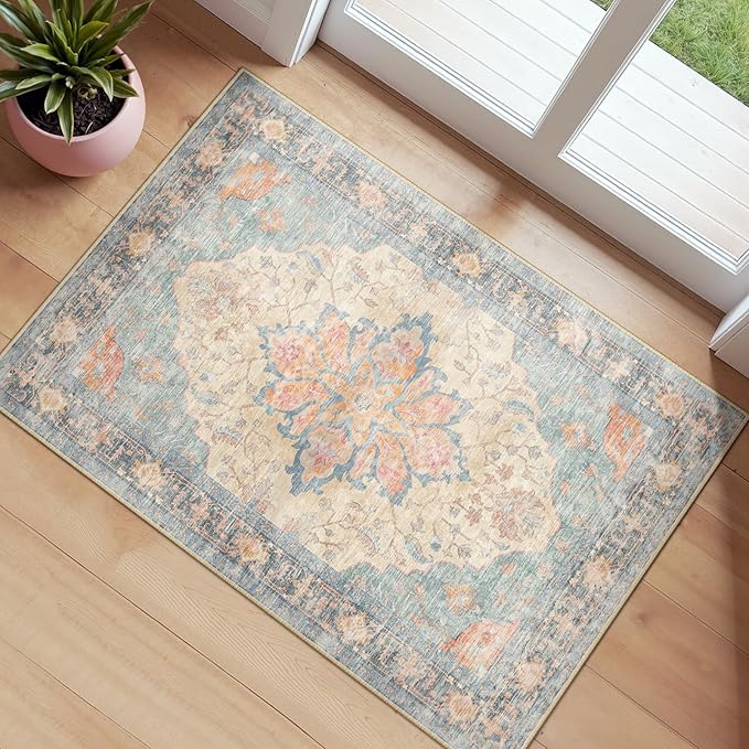 Area Rugs 2'x3' Kitchen Rugs Entry Rug Small Rugs for Entryway Kitchen Bathroom Door Mat Indoor Entrance,Washable Non Slip, Blue Orange Red