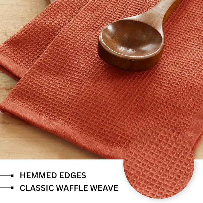 PurpleEssences Rust Waffle Weave Kitchen Towel, 100% Cotton, 15x25 Inches, with Hanging Loop Ultra Soft Absorbent Quick Drying Dish Cloth, Tea and Hand Towels, 4 Pack - Christmas Holiday Winter - Rust