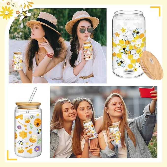 Mumufy 4 Pcs Glass Cup with Bamboo Lid & Straw, 16 oz Iced Coffee Tumbler Set of 4, Honey Bee Floral Glass Cups, Reusable Clear Drinking Glasses for Iced Coffee, Tea, Smoothies, Gift for Women