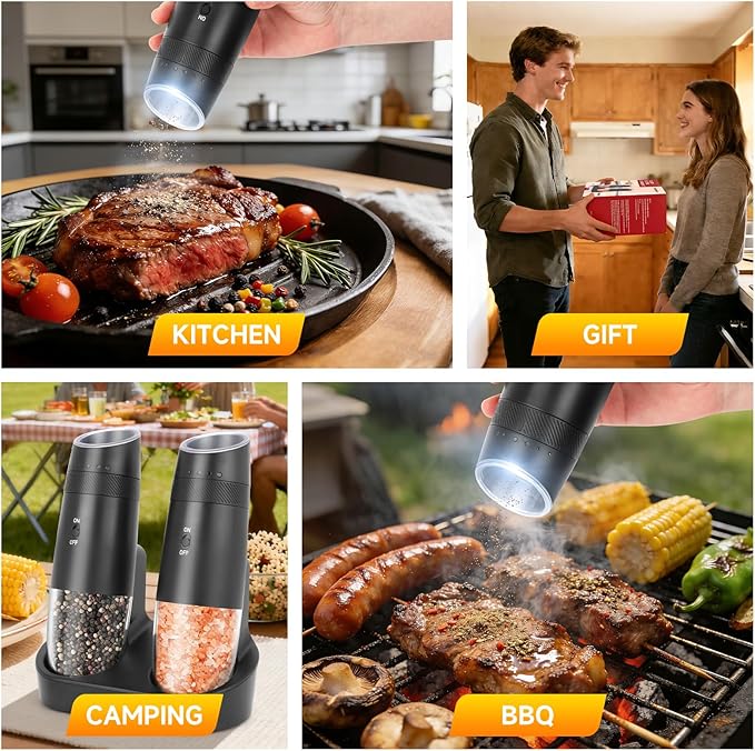 Gravity Electric Salt and Pepper Grinder Set - Automatic Refillable Salt and Pepper Shakers External 6 Levels of Adjustable Coarseness, One-handed Easy Operation,Rechargeable Base LED Light