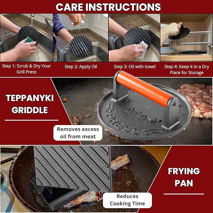 Burger Press with Professional Heavy Duty Cast Iron for Blackstone Griddle Grill,Smashburger, Bacon, Ground Beef Meat, Steak, Sausage, Sandwich Cooking【7.2 inch Round】