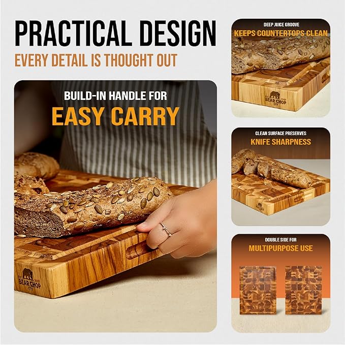 Bearchop Teak Cutting Boards for Kitchen, [17" x 13" x 1.5"] Medium End Grain Cutting Boards, Solid Teak Wood Butcher Block Cutting Board with Juice Grooves and Handle, Knife Friendly and Reversible