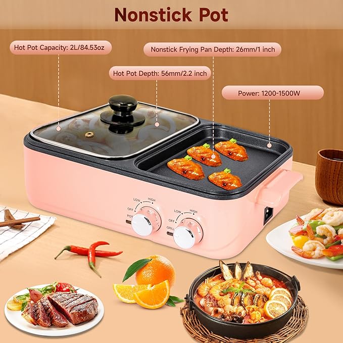 Hot Pot with Grill, Electric Hot Pot and Frying Pan, Shabu Shabu Pot with Grill, 2 in 1 Indoor NonStick Shabu Shabu Pot and Griddle, Dual Temperature Control, Fast Heating (Pink)