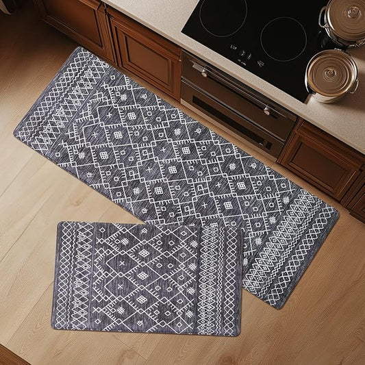 FRESHMINT Anti Fatigue Kitchen Mats for Floor 2 Piece Set, Waterproof & Non-Skid Moroccan Geo Kitchen Rugs, Cushioned Kitchen Mat for Standing Washable Comfort Desk Kitchen Runners, 17x30''+17x47''