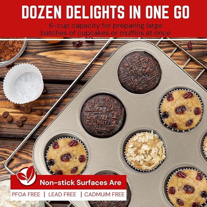 Flexzion Muffin Tray Cupcake Baking Pan 2 Pack, 12-Cup Nonstick Carbon Steel Muffin Tin Non-Stick Cupcake Tin Bakeware Accessories for Baking Brownies Snack, Fridge Safe, Champagne Gold