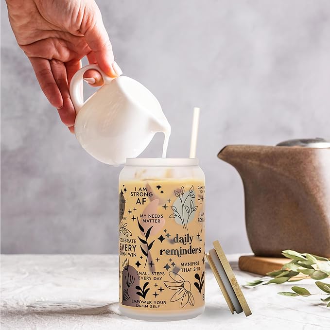 Daily Affirmation Iced Coffee Cup [Frosted], Glass Cups with Bamboo Lids and Straws | 16 oz Mason Jar Drinking Glasses & Boba Cup | Glass Tumbler with Straw and Lid Mental Health [Vulgar Edition]