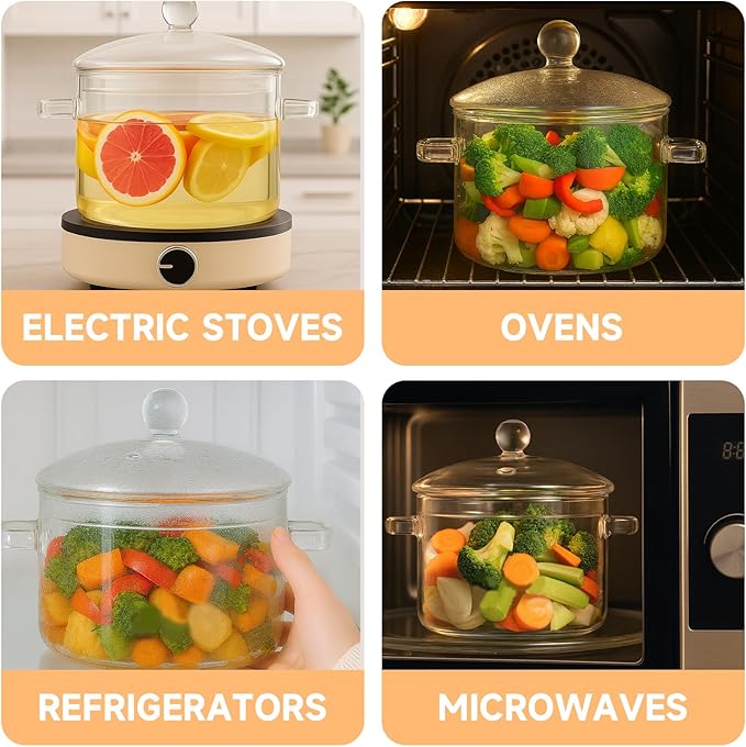 Glass Cooking Pot, 1.9L/64oz Heat-Resistant Borosilicate Glass Saucepan with Cover, Cookware Set Stovetop Pot for Cooking, Soup, Milk, Tea, Fruit and Spices