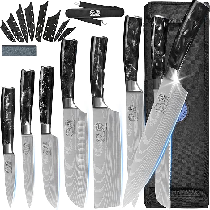 XYJ Authentic Since 1986,8-pieces Japanese Chef Knives Set with Roll Bag & Sheath,Stainless Steel Cutlery Culinary Kitchen Knives,Ergonomics Handle,Paring Santoku Slicing Cooking Knives Tools
