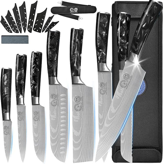 XYJ Authentic Since 1986,8-pieces Japanese Chef Knives Set with Roll Bag & Sheath,Stainless Steel Cutlery Culinary Kitchen Knives,Ergonomics Handle,Paring Santoku Slicing Cooking Knives Tools