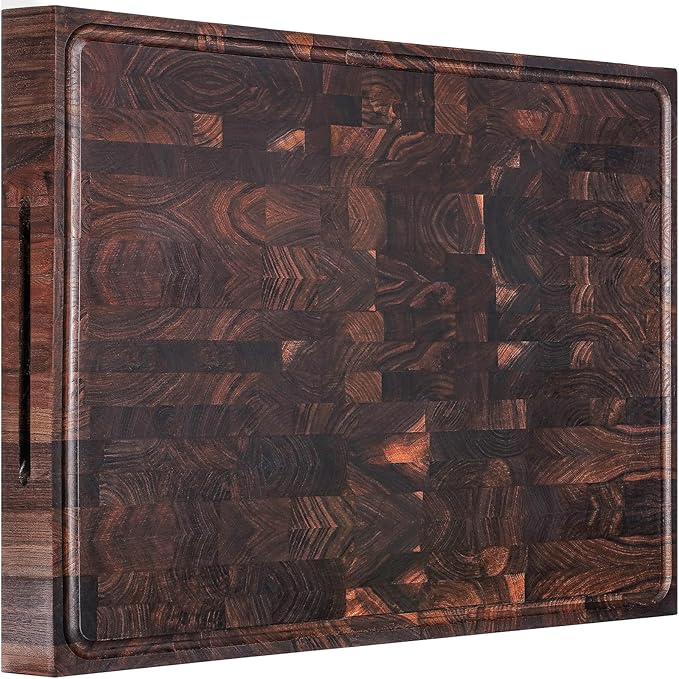 AZRHOM Extra Large Thick Walnut Wood End Grain Cutting Board 24x18x2 In, Wooden Butcher Block, Chopping Board For Kitchen with Juice Groove Handles Non-Slip Pats (Gift Box)