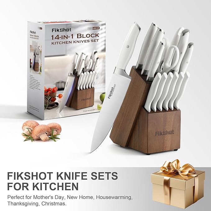 Knife Set with Sharpener, Fikshot 14-Piece Knife Set with Block, Elegant White Kitchen Knives for Ladies, Stainless Steel, Dishwasher Safe (WHITE)