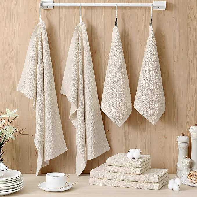 Homaxy 100% Cotton Kitchen Towels and Dishcloths Set, 12 x 12 & 15 x 25 Inches, Set of 8 Bulk Terry Cloth Dish Towels, Super Soft and Absorbent Hand Towel with Hanging Loop, Beige