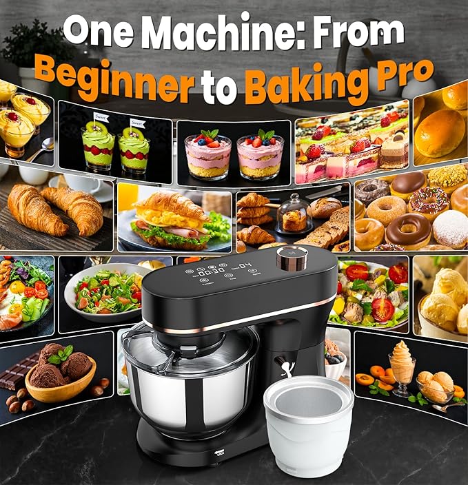 Bonnor Stand Mixer Set, 6QT Kitchen Mixer with LED Touchscreen, 11-Speed Tilt-Head Mixer with Timer, 4 Preset Menus, Stainless Steel Bowl, Hook, Whisk, Beater,Plus 2QT Ice Cream Maker Attachment,Black