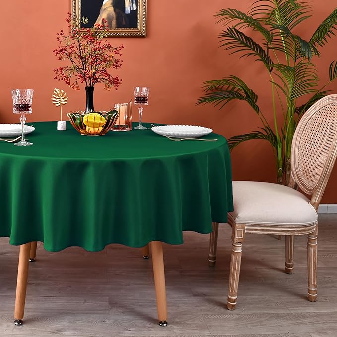 MEANMOY Green 210 GSM Water & Stain Resistant Round Tablecloth for Circle Table - Solid 70 Inch Table Cloth Cover in Wrinkle Free Durable Washable Polyester Fabric for Wedding, Party, Banquet