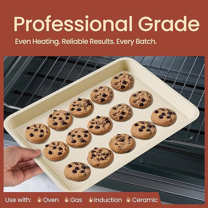 BAKKEN Kitchen Baking Pan - Small, Medium, and Large Cookie Pan (13.58×9.65, 15.75×11, 17.91×12.60), Nonstick, Diamond Texture Bottom, PFOA, PFOS, PTFE Free, Oven Safe (450°F), Pack of 3, White Marble