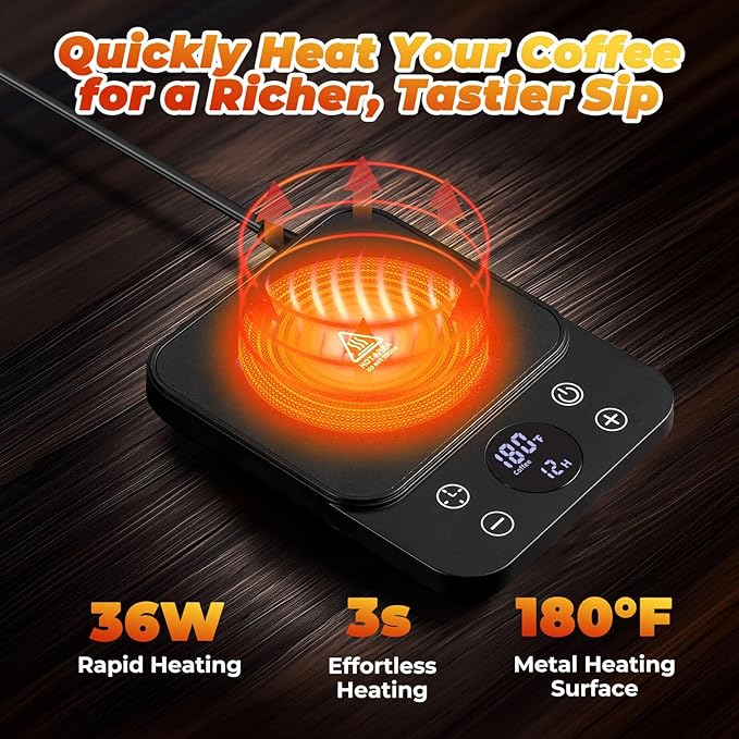Cup Warmer for Coffee - Fastest Heating & Highest Temperature, Coffee Mug Warmer for Desk Auto Shut Off, 1-12h Timer for Scheduled Start, Electric Beverage Warmer for Coffee (Black, NO Cup)