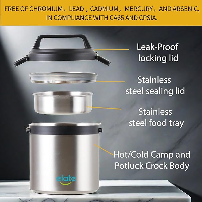 Elate 2-Quart Camp Crock Thermos for Hot/Cold Food | 64oz Stainless Steel Vacuum-Insulated Jar, Wide-Mouth Thermal Food Container, Portable Lunch Pot for Outdoor, Camping, Picnics, Trips, Potlucks
