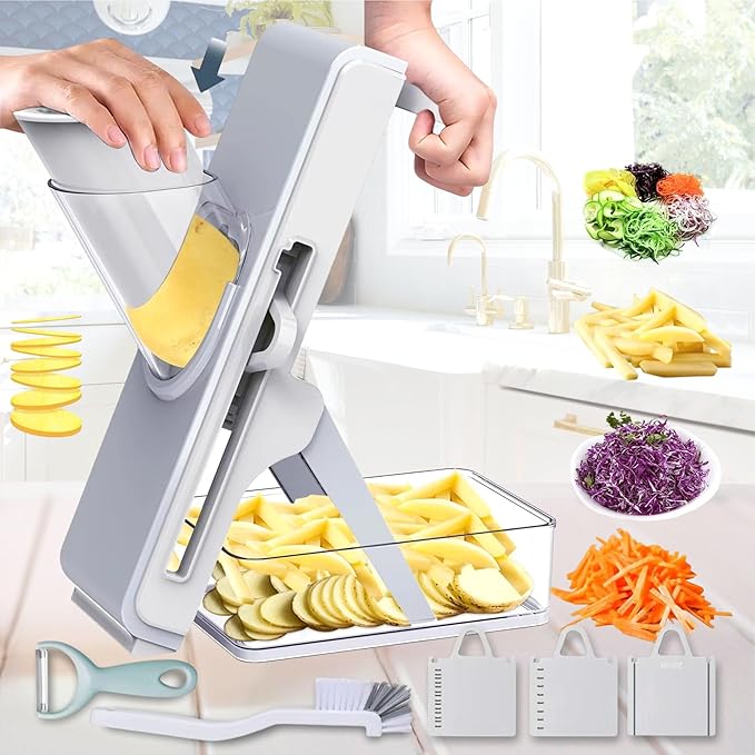 Adjustable Mandoline Vegetable Slicer and Chopper with Food Container – Kitchen Cutter with Multiple Thickness Settings, Includes Ceramic Peeler